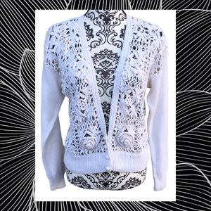 Vintage 90s Erika White Floral Crochet Cardigan Sweater Cotton Ramie L Cottage